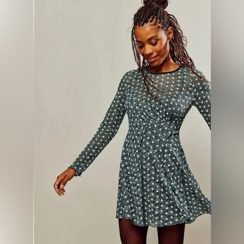 Free People Sheer Delight green lace open back minidress